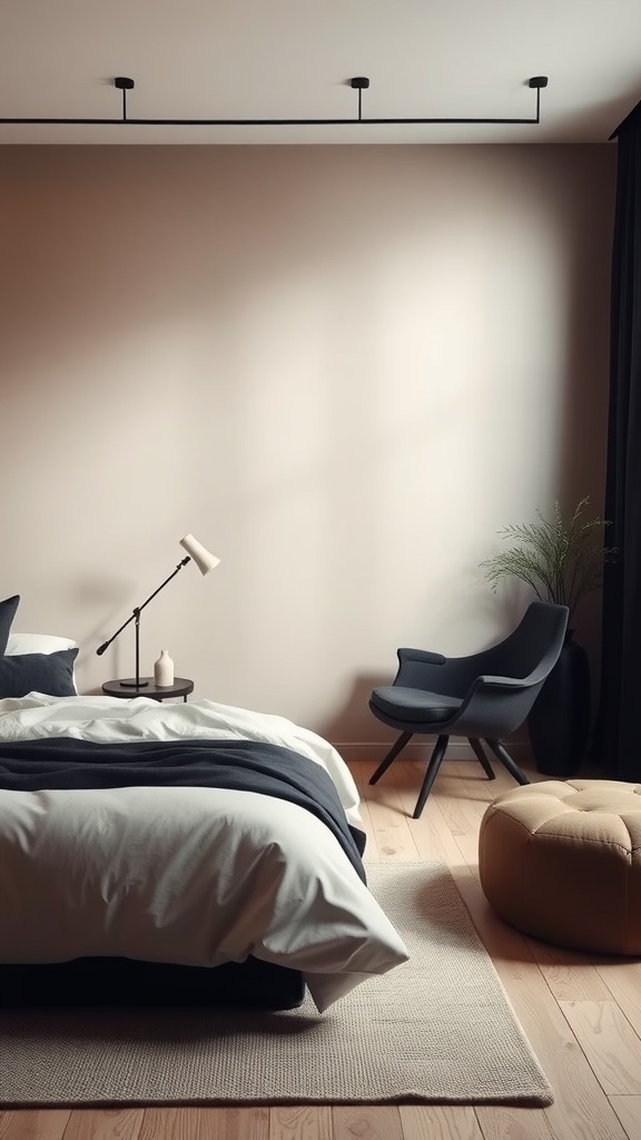 A modern minimalist bedroom featuring black accents, a beige wall, and warm wooden flooring.