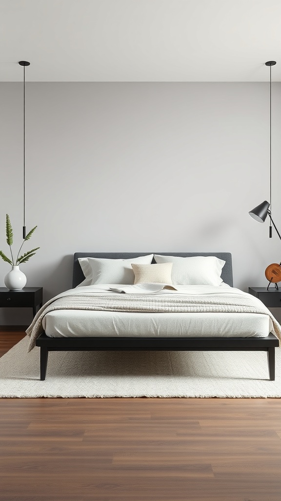A modern minimalist bedroom featuring a black bed frame, light bedding, and stylish decor.