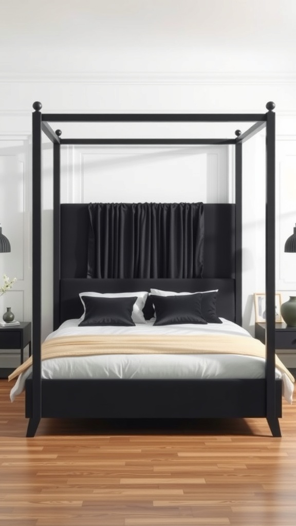 Modern minimalist black canopy bed with simple decor