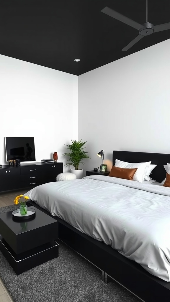 A modern minimalist black bedroom featuring a black ceiling, white walls, and sleek furniture.