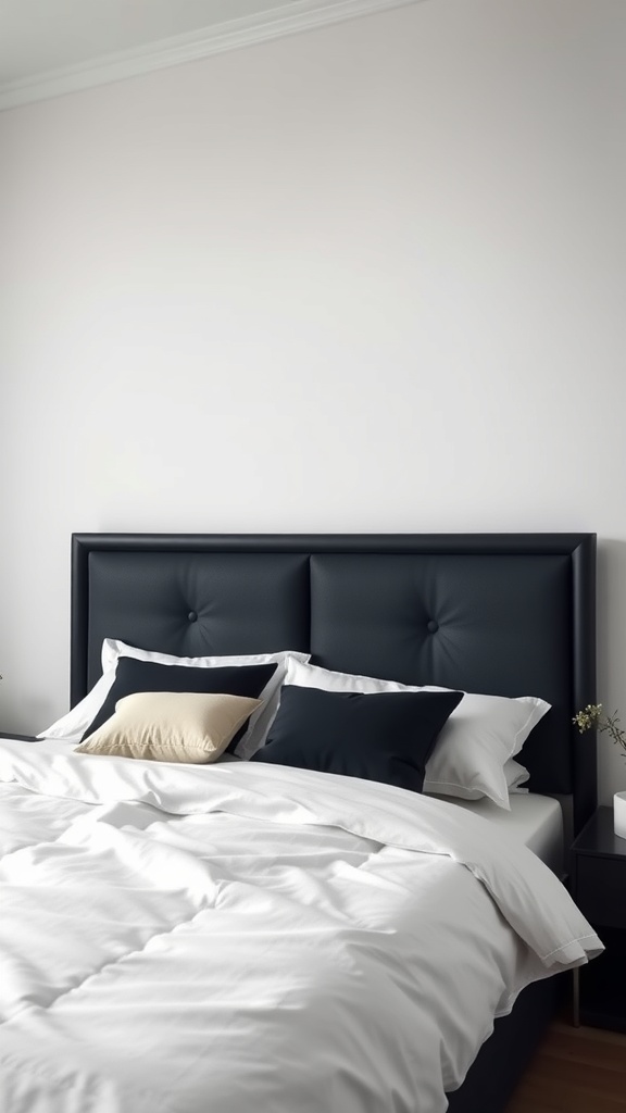 A modern minimalist bedroom featuring a black tufted headboard with white bedding and decorative pillows.