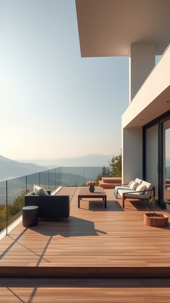 Modern minimalist deck design featuring wooden flooring and contemporary furniture with a scenic view.
