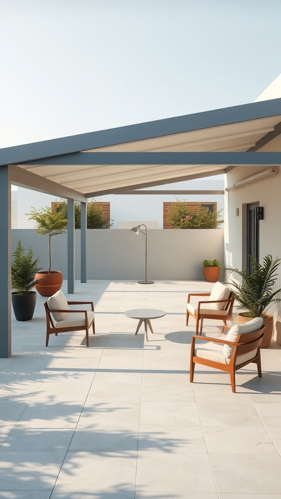 A modern minimalist covered patio with wooden chairs, a small table, and potted plants.