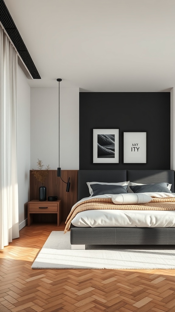 A modern minimalist bedroom featuring a black accent wall, a cozy bed with soft linens, and warm wood flooring.