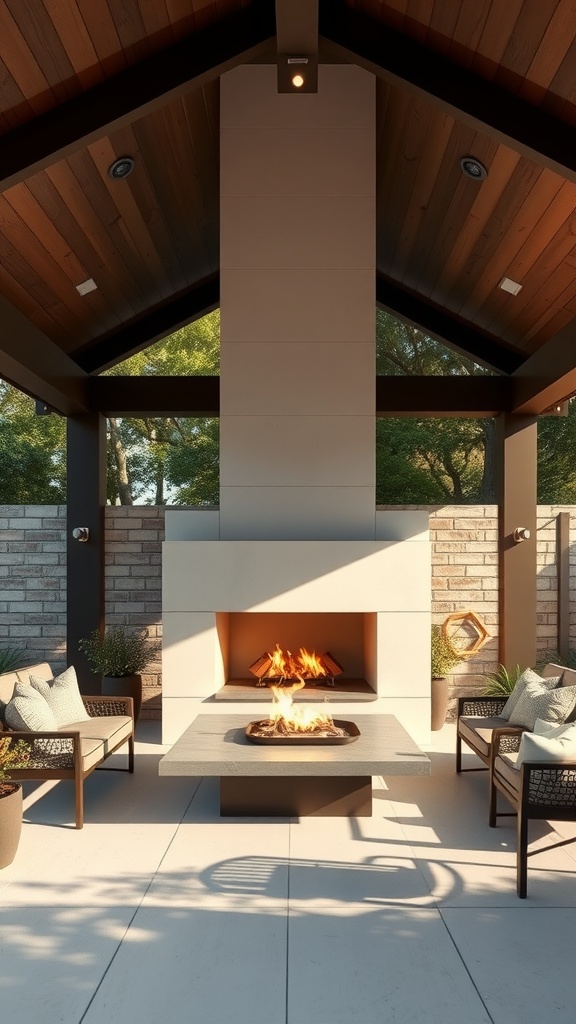 Modern minimalist patio featuring a sleek fireplace and comfortable seating.