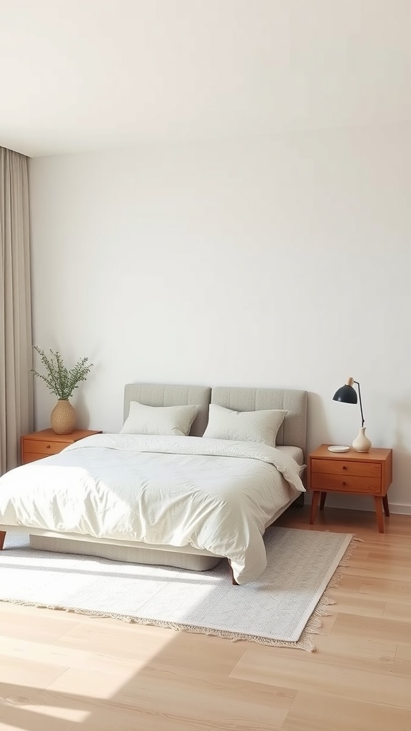 A modern minimalist bedroom with a bed, nightstands, and natural decor.