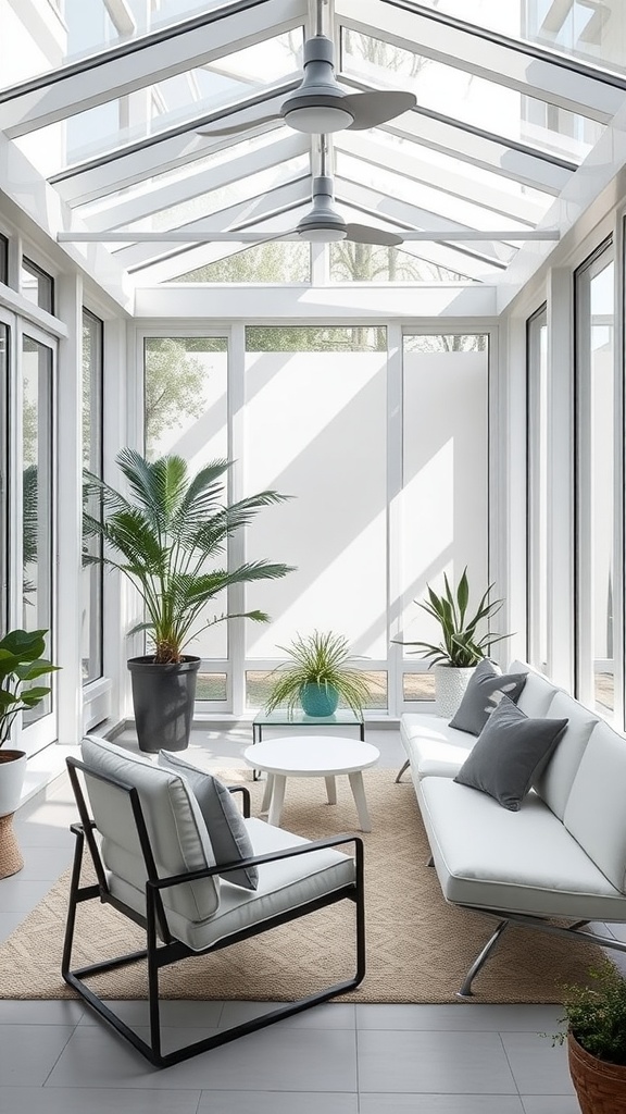A modern minimalist sunroom with white furniture, potted plants, and large windows.