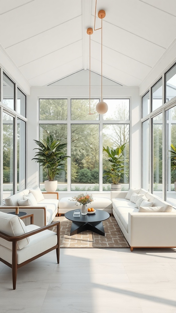 A modern minimalist sunroom featuring large windows, white furniture, and plants.