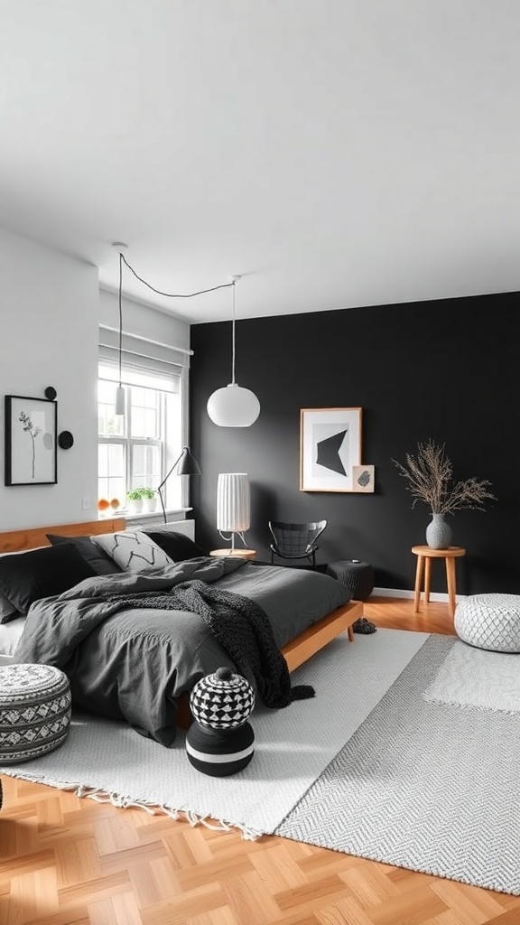 A modern Scandinavian style bedroom featuring a black accent wall, wooden bed frame, and minimalist decor.