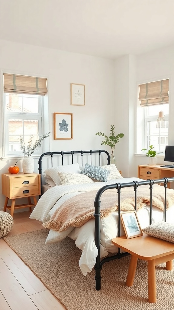 Cozy bedroom with a black iron bed frame, light wood furniture, and natural decor.