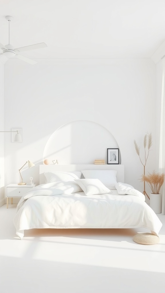 A minimal white bedroom featuring white bedding, a bedside table, and soft natural light.