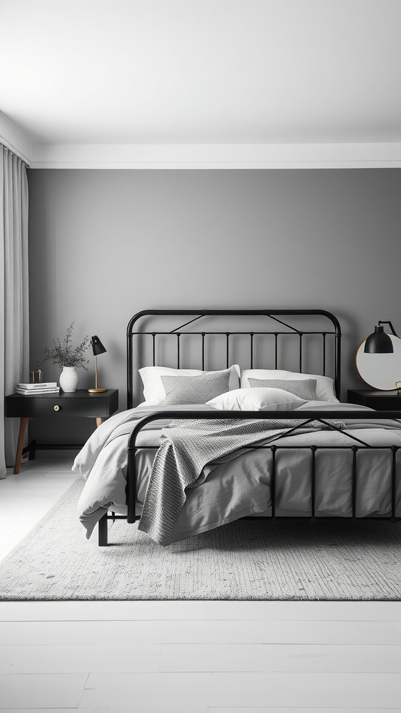 A modern bedroom featuring a black bed frame, gray bedding, and a black nightstand with a lamp.