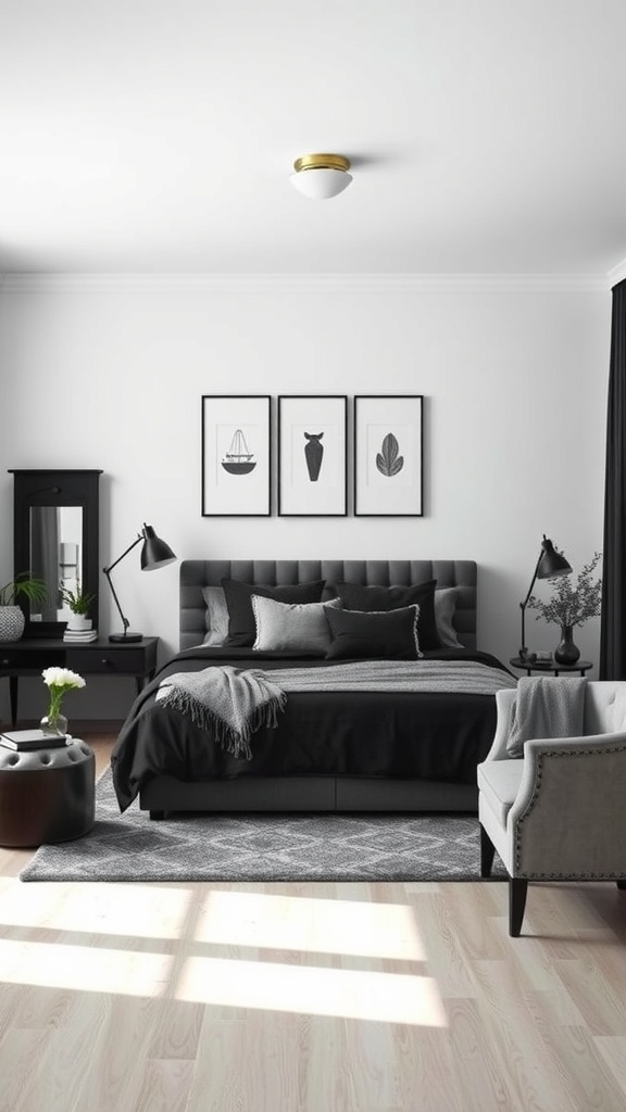 A modern bedroom featuring black furniture, including a bed, nightstands, and decorative elements, with gray bedding and a light wood floor.