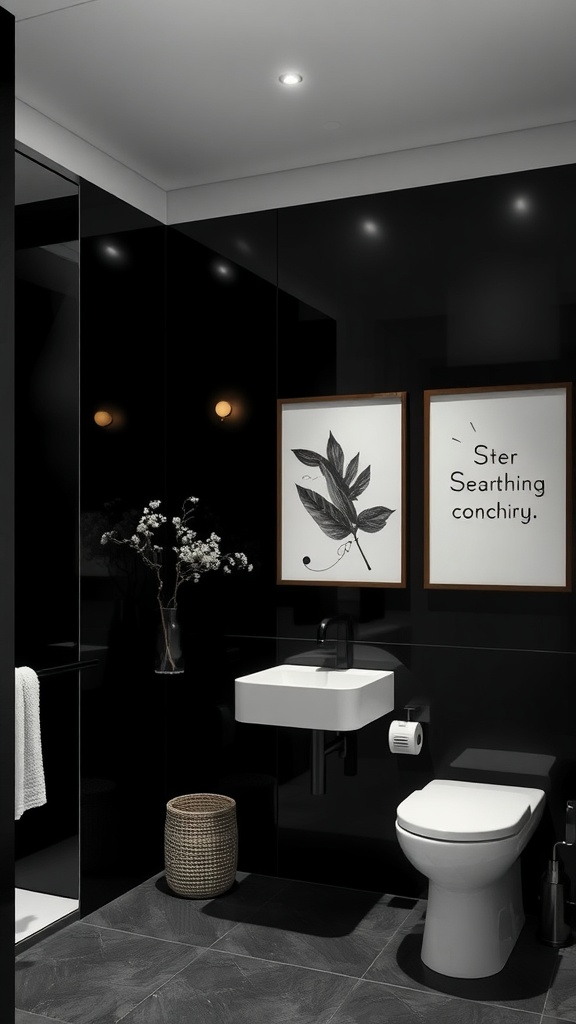 A stylish black bathroom featuring monochrome art on the walls, minimalist sink, and elegant decor.