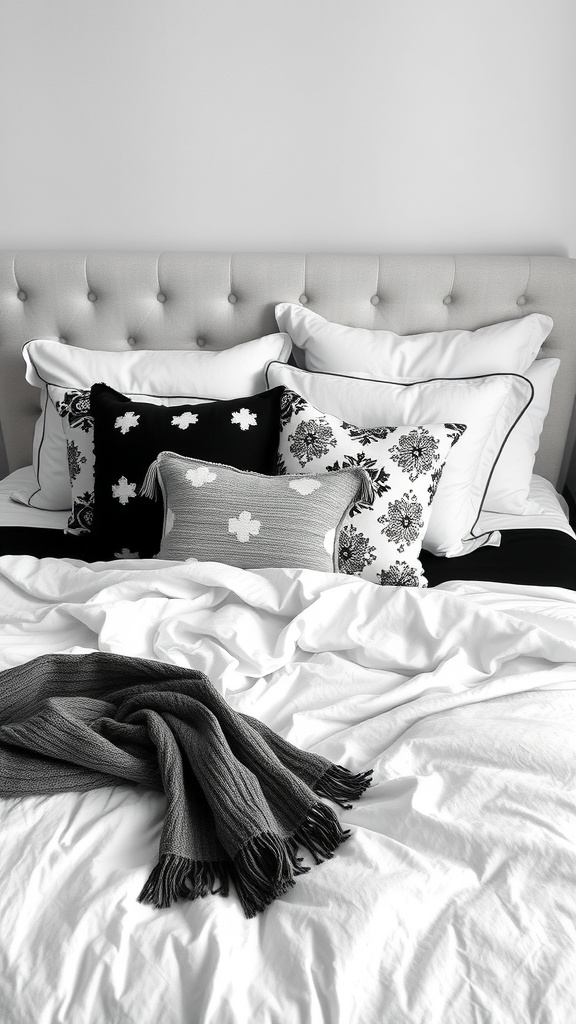 A cozy black and white bedding arrangement with decorative pillows and a gray throw blanket.