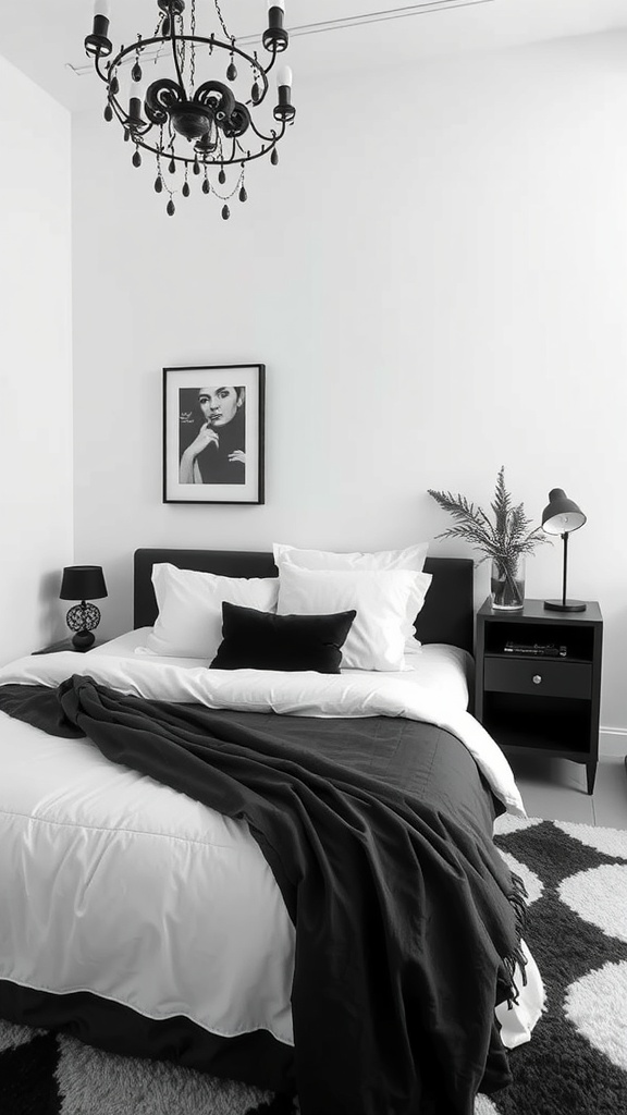 A stylish black and white bedroom featuring a bed with white linens and a black throw, a black nightstand, and a chandelier.