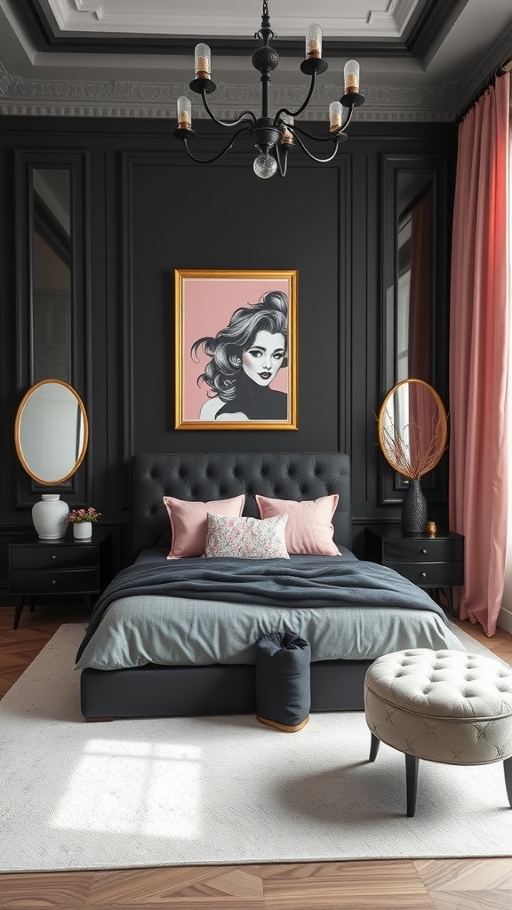A stylish bedroom featuring black walls, a grey bedspread, pink pillows, and elegant decor.