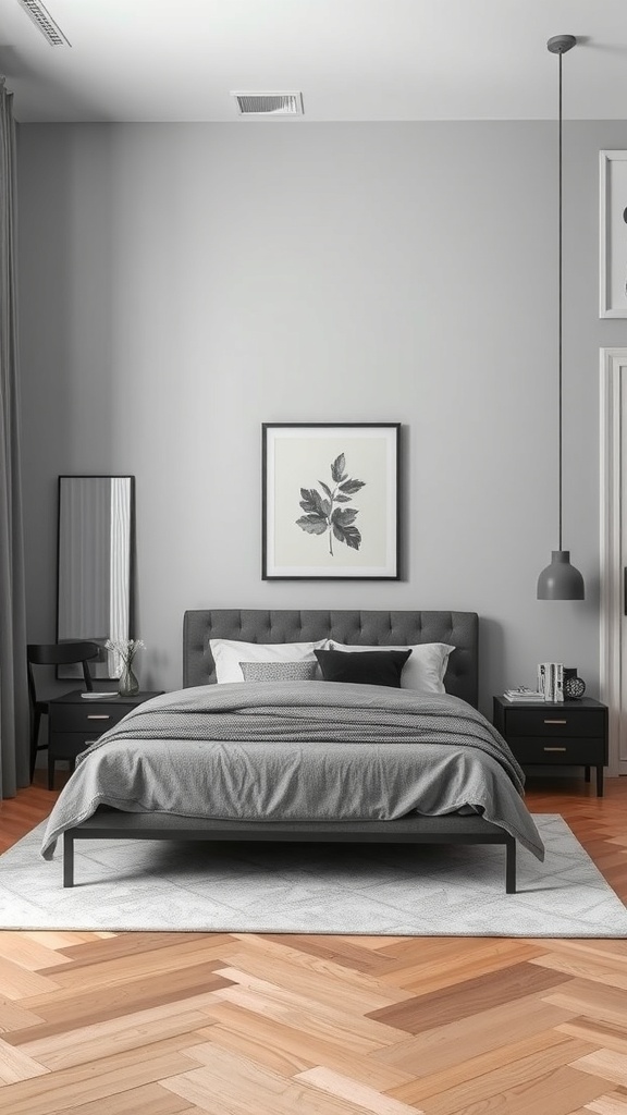 A modern bedroom featuring grey walls, a black upholstered bed, and wooden flooring.