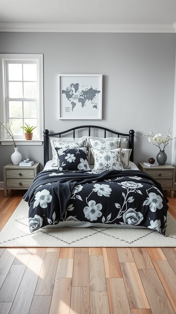 A cozy black and white bedroom featuring floral accents on the bedding and pillows, with a wooden floor and a plant by the window.