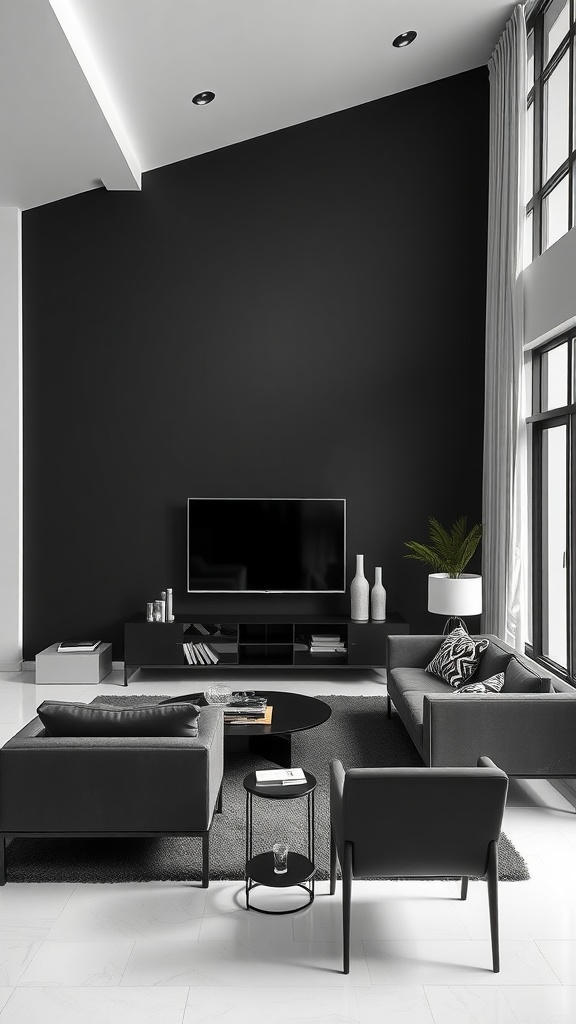 A modern monochrome living room featuring dark gray sofas, a round coffee table, and a black accent wall.