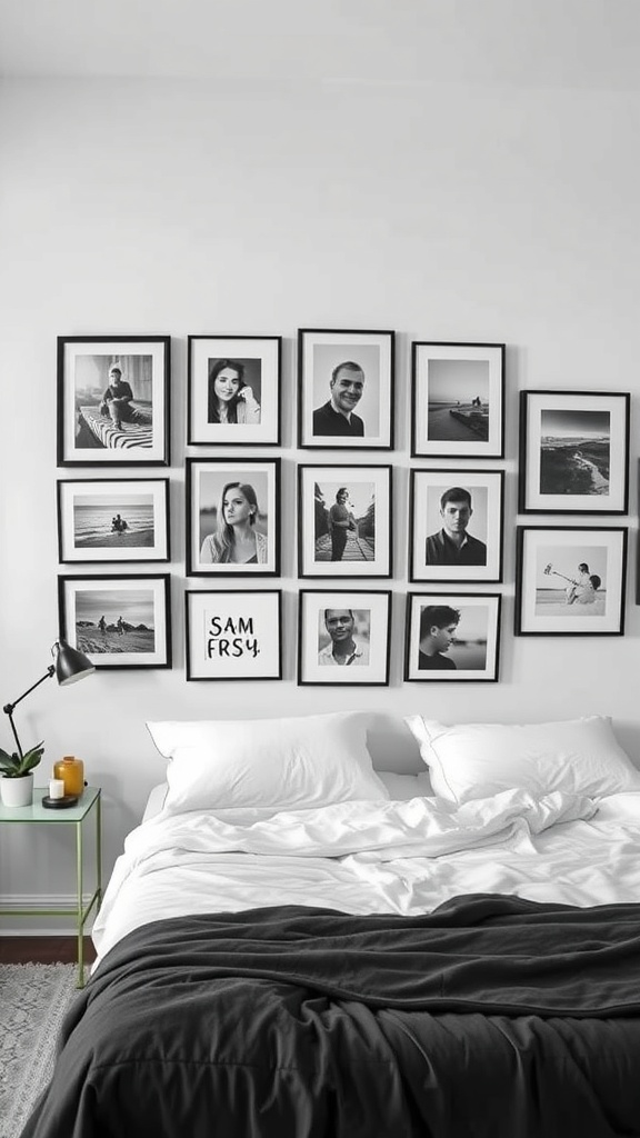 A black and white bedroom featuring a gallery wall of framed photos above a bed with white linens and a gray throw.
