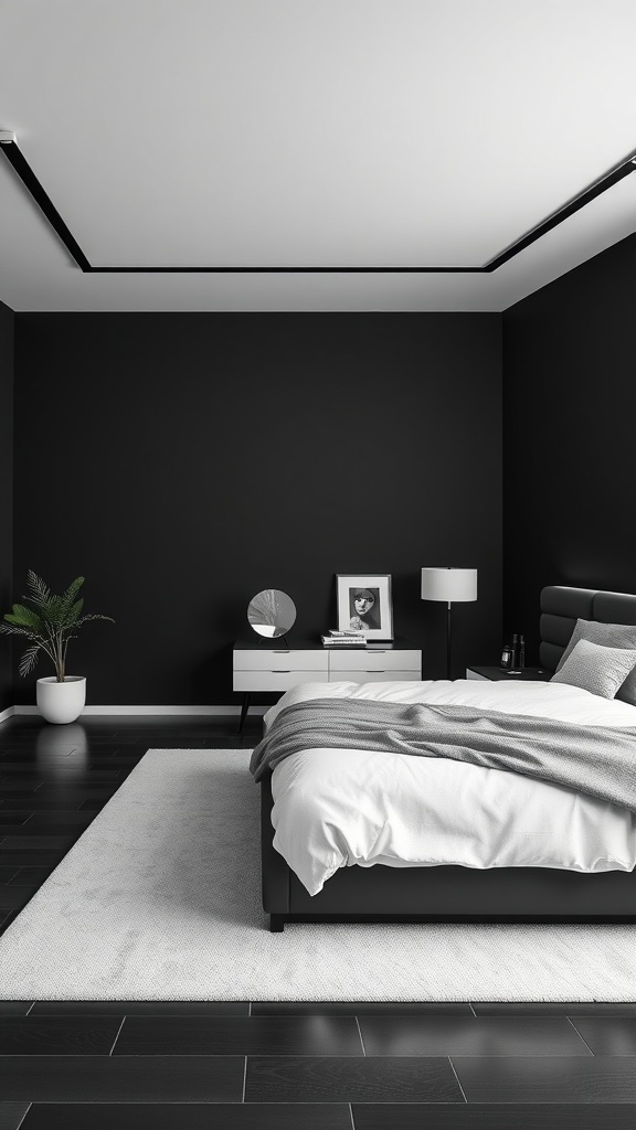 A monochrome bedroom featuring black walls, white bedding, and modern furniture.
