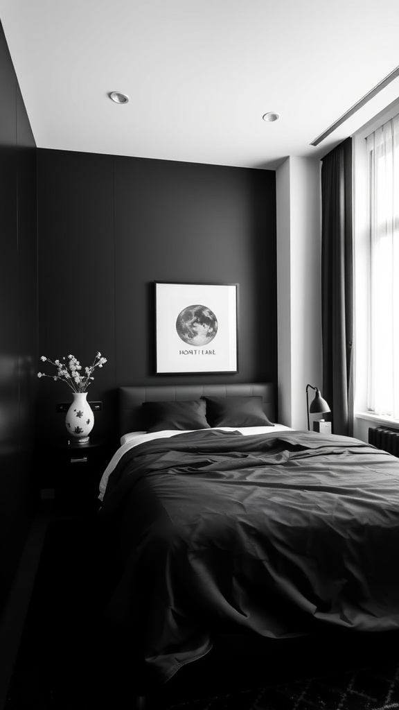 A modern black and white bedroom featuring dark walls, a cozy bed, and minimal decor.