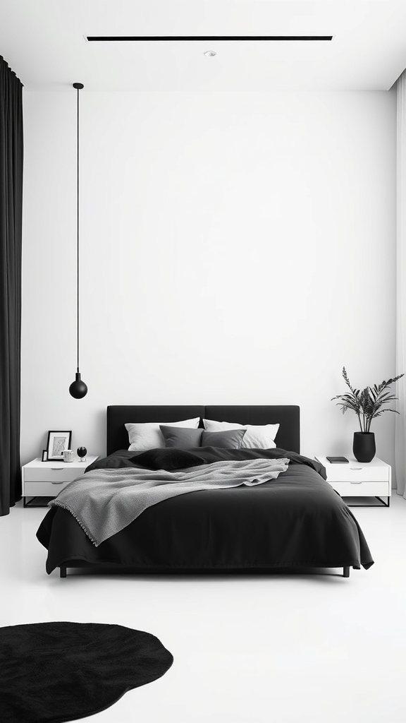 A modern black and white bedroom featuring a black bed, white walls, and minimal decor.