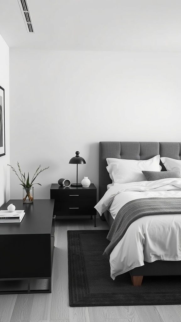A stylish black and white bedroom featuring a gray bed, black nightstand, and minimal decor.