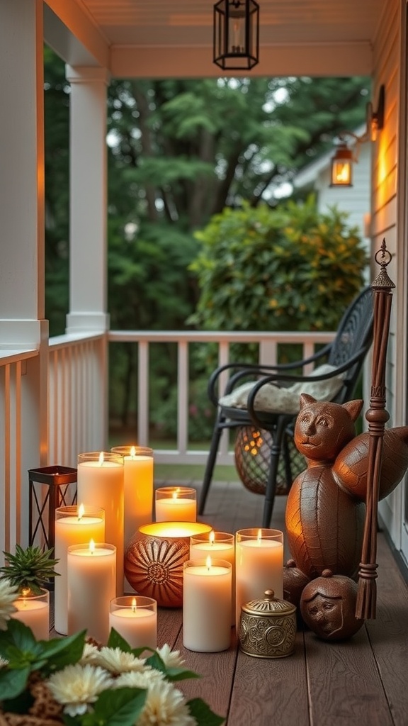 A cozy back porch with glowing candles and decorative wooden figures.