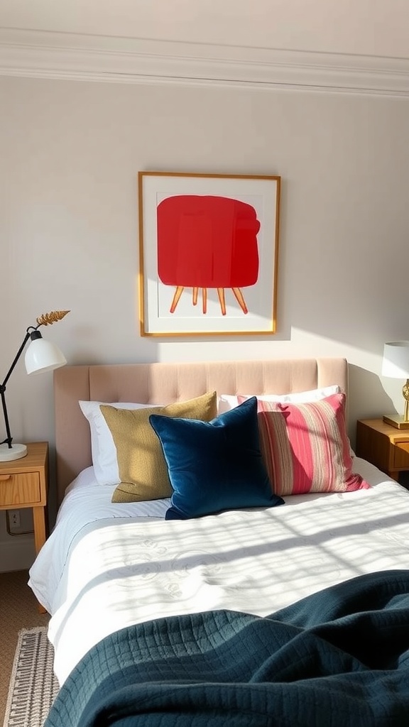 A cozy bedroom featuring a bed with colorful pillows, a bold red artwork, and warm lighting.