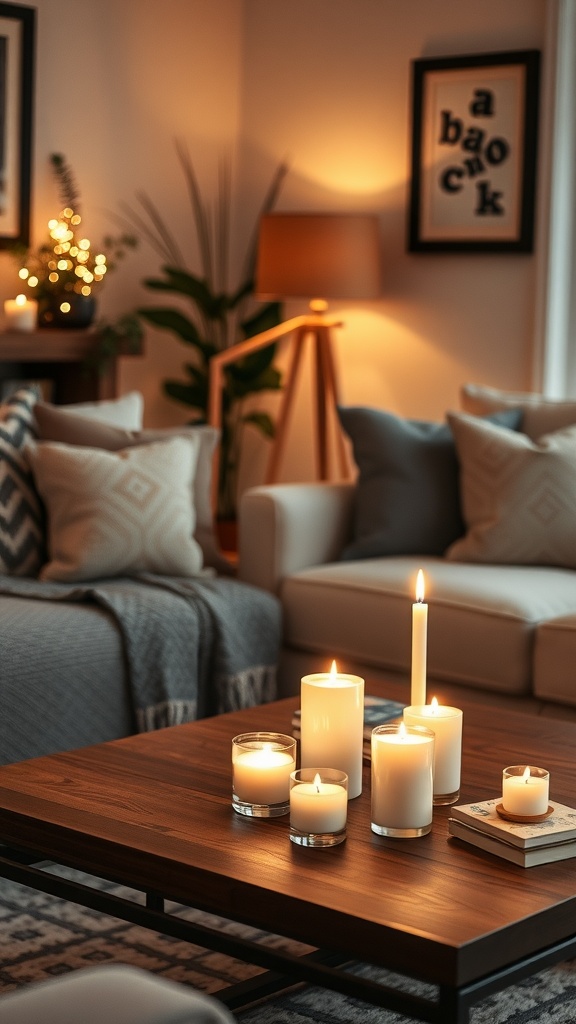 A cozy living room with a wooden coffee table adorned with various scented candles, surrounded by soft sofas and warm lighting.