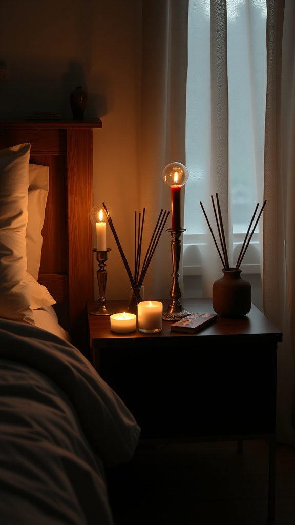 A cozy bedroom scene featuring scented candles and incense on a bedside table, creating a warm and inviting atmosphere.