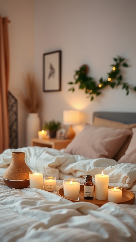 A cozy bedroom with candles and essential oils on a tray, creating a warm and inviting atmosphere.