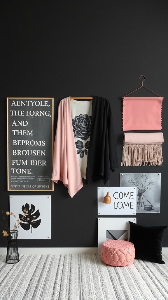 A stylish black, pink, and grey bedroom mood board featuring wall art, clothing, and decorative elements.