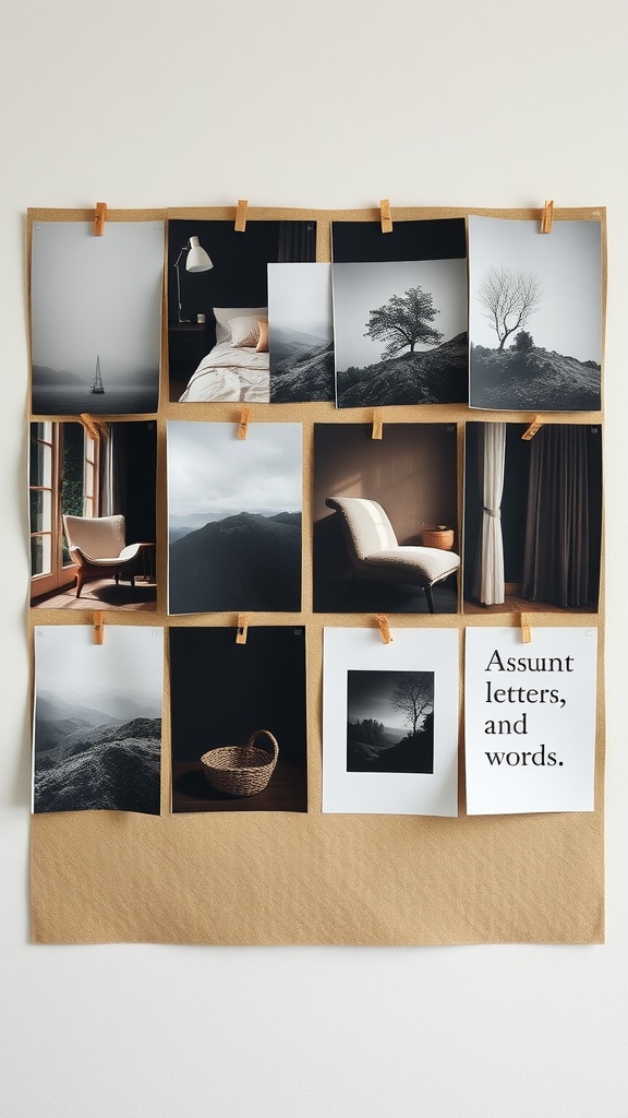 Mood board with black-and-white photos showcasing serene landscapes and cozy interiors.