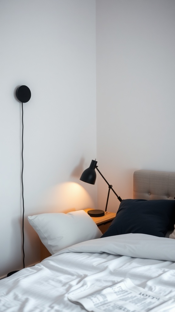 A stylish black, white, and grey bedroom featuring a desk lamp and a bedside light, creating a cozy atmosphere.