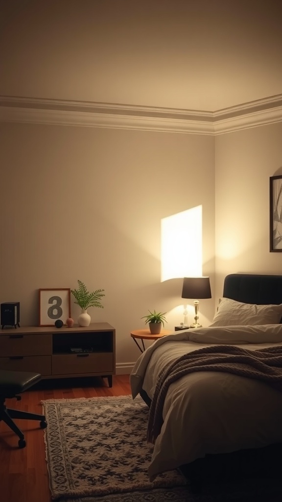 A cozy beige and black bedroom featuring soft lighting, a neatly made bed, and a stylish nightstand.