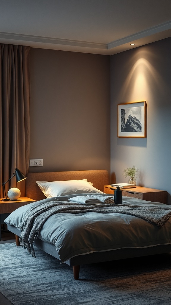 A cozy bedroom with soft neutral colors and warm mood lighting.