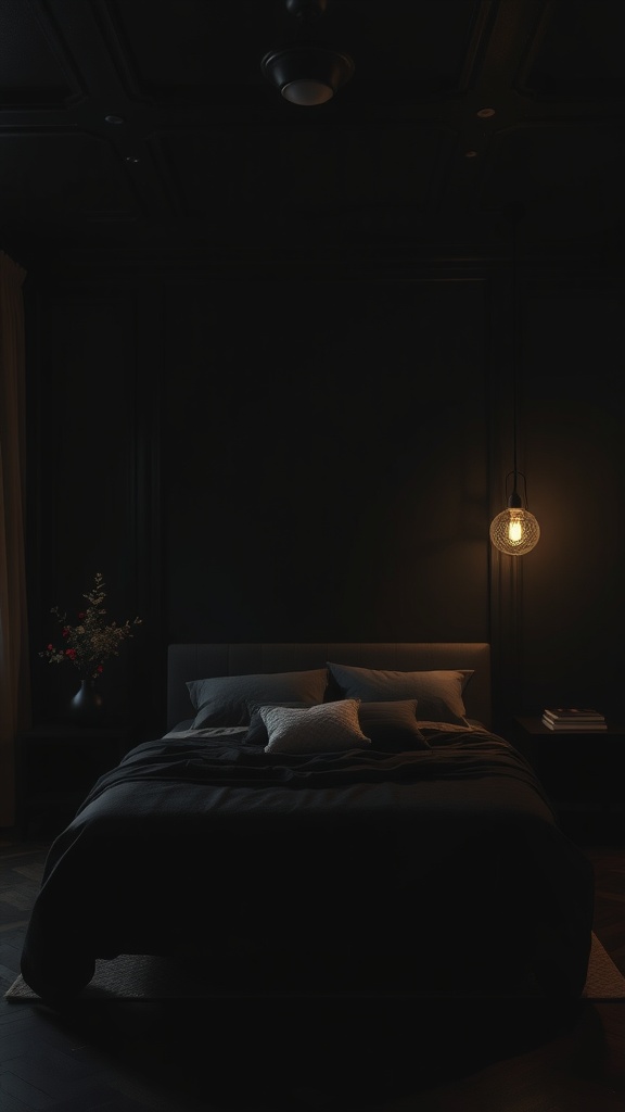 A dimly lit black bedroom with a cozy bed and warm hanging light.