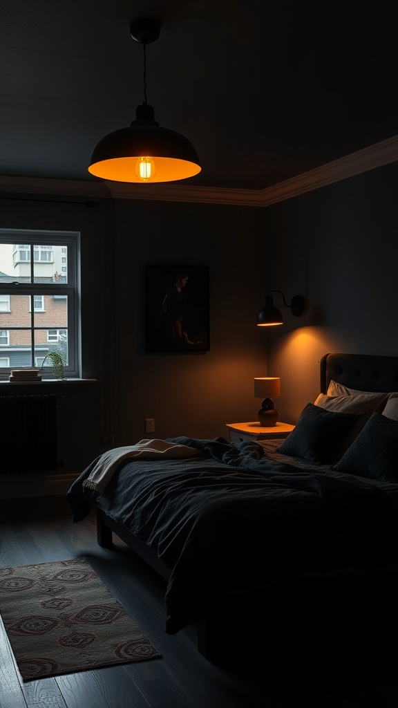 A cozy bedroom with black lighting fixtures, featuring warm light from a hanging lamp and bedside lamp.