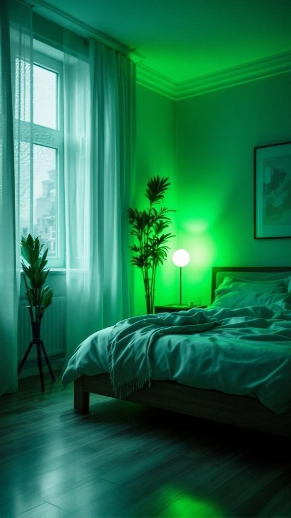 A cozy bedroom with green lighting, featuring a bed, plants, and sheer curtains.