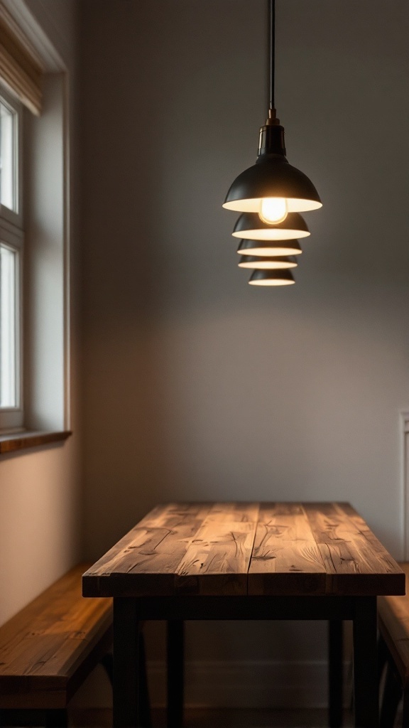 A cozy kitchen nook featuring a pendant light hanging over a wooden table.