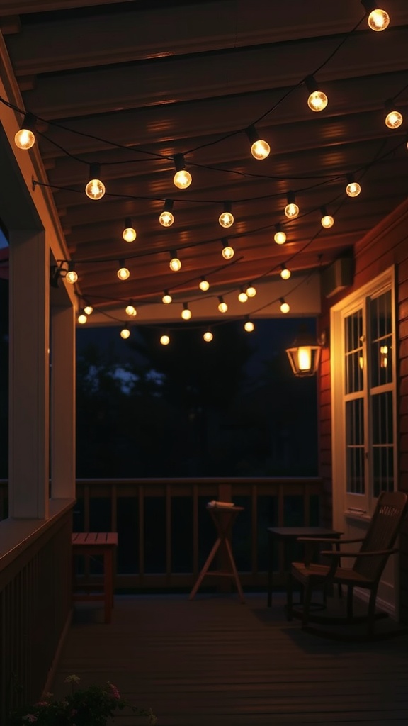 String lights hanging over a back porch, creating cozy lighting.
