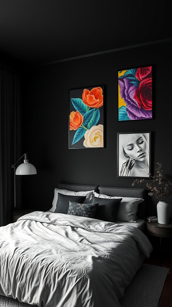 A black bedroom featuring vibrant floral artwork on the walls, a neatly made bed with light bedding, and a stylish lamp.