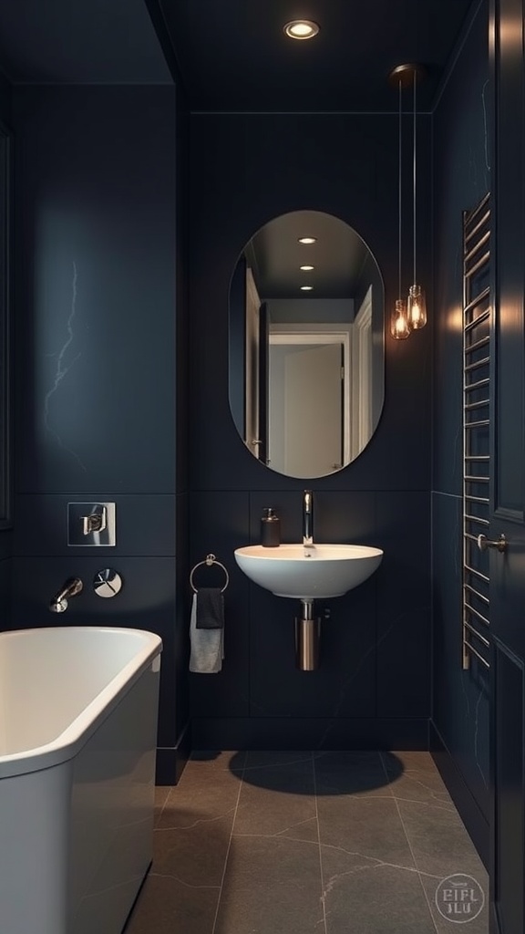 A stylish dark bathroom featuring navy walls, a white sink, and warm lighting.