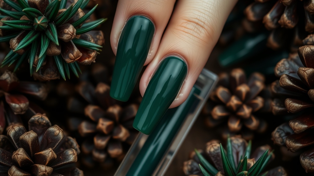 Close-up of long, glossy forest green nails surrounded by pinecones and greenery.
