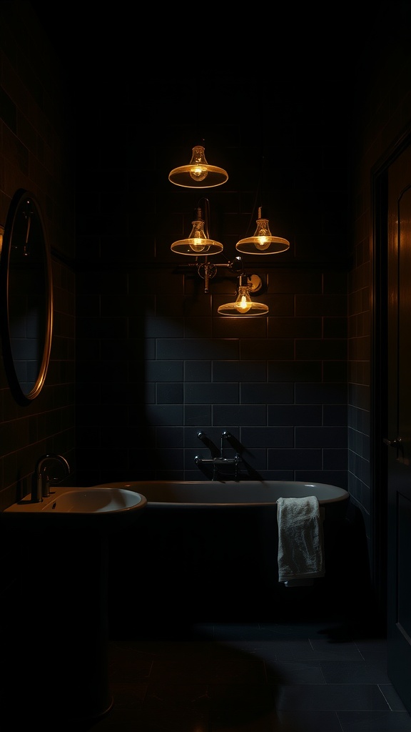 A stylish black bathroom featuring moody lighting with hanging lights and a freestanding bathtub.
