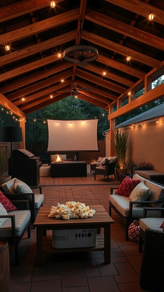 Cozy covered patio with projector screen, seating, and popcorn for movie night.