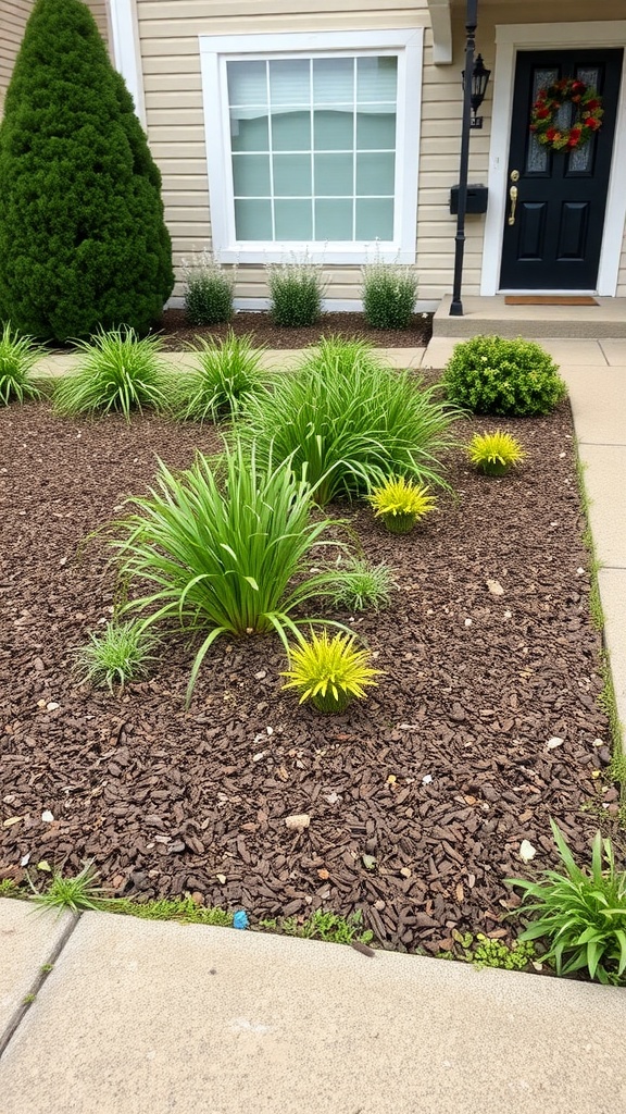 A well-maintained front yard landscape featuring mulched beds with colorful plants.
